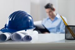 Hardhat and blueprint on desk, with architect in background Hardhat and blueprint on desk, with architect in background