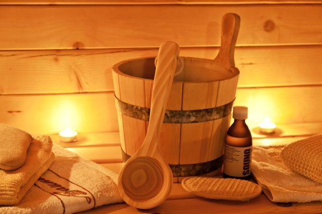 interior of finnish sauna and sauna accessories